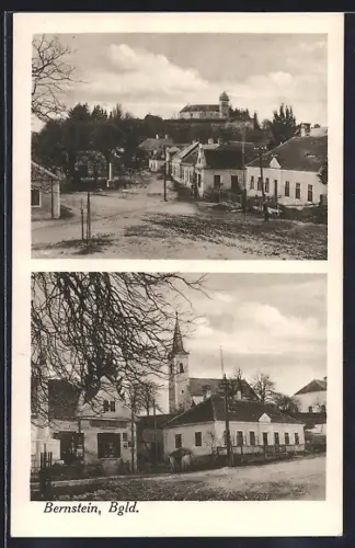 AK Bernstein /Bgld., Ortspartie mit Strasse und Burg, Strassenpartie mit Geschäft und Kirche
