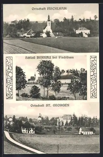 AK Fischlham, Ortspanorama mit Feldern, Schloss Bernau, Ortspanorama St. Georgen mit Landstrasse
