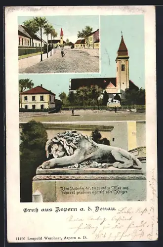 AK Aspern a. d. Donau, Strassenpartie mit Kirche, Kirchenpanorama, Kriegerdenkmal mit schlafendem Löwen