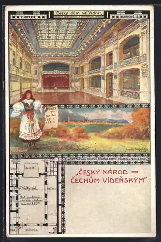 Künstler-AK Wien, Cesky dum Herrengasse 12, Innenansicht, Grundriss