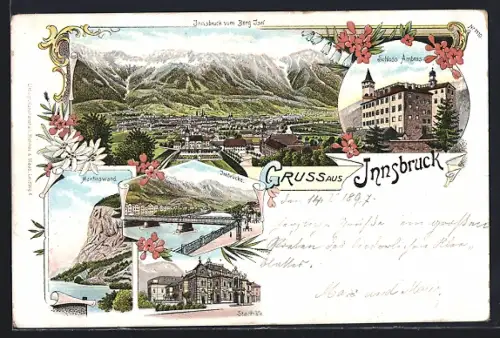 Lithographie Innsbruck, Stadtsäle, Innbrücke, Martinswand, Gesamtansicht vom Berg Isel