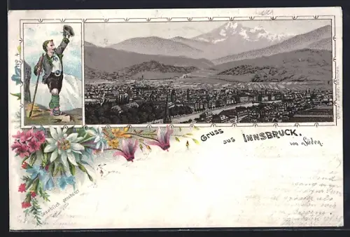 Lithographie Innsbruck, Totalansicht von Süden mit Bergpanorama, Grüssender Wanderer, Bergblumen