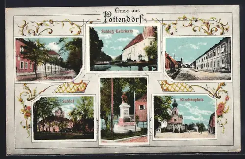 AK Pottendorf, Schloss Esterhazy, Kirchenplatz, Franz Josef I. Denkmal, Hennebergplatz
