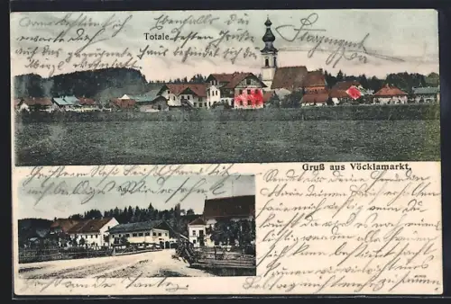 AK Vöcklamarkt, Strassenpartie mit Brücke u. Häuserpanorama, Totalansicht von einem Feld aus