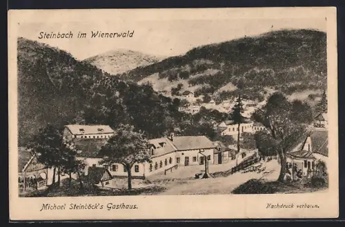 AK Steinbach im Wienerwald, Michael Steinböcks Gasthaus mit Strasse und Bergen aus der Vogelschau
