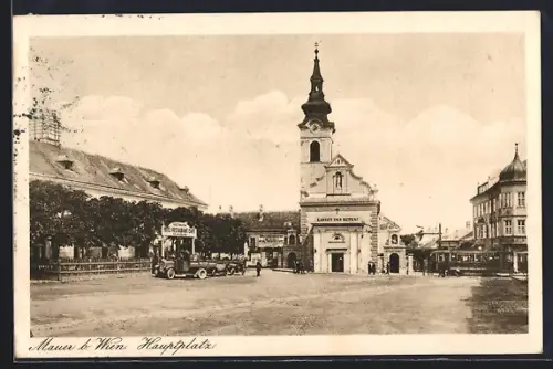 AK Mauer b. Wien, Hauptplatz mit Hotel-Restaurant-Cafe und Kirche, Panorama