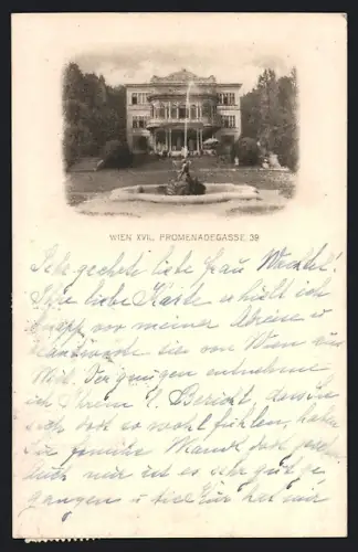 AK Wien, Villa Promenadengasse 39, Gebäudeansicht mit Springbrunnen und Anlage