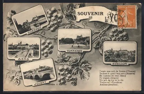 AK Auxerre, Sens, Tonnerre, Avallon et Joigny avec des images et poème décoratif