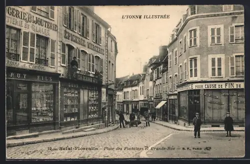 AK Saint-Florentin, Place des Fontaines et Grande-Rue, Épicerie
