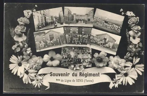 AK Sens /Yonne, Souvenir du Régiment de Ligne avec collages et fleurs décoratives