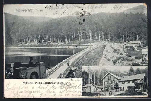 AK Lauchensee /Vogesen, Gasthaus zum Lauchensee T. Kreischer mit Anlagen u. Staudamm aus der Vogelschau