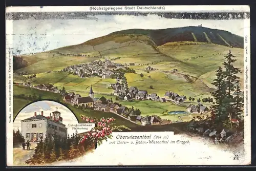 Künstler-AK Oberwiesenthal, Ort mit Unter-u. Böhm-Wiesenthal im Erzgebirge