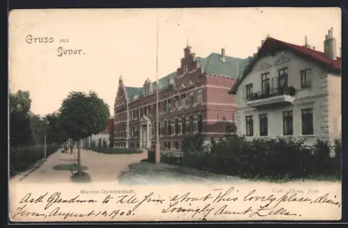 AK Jever, Marien-Gymnasium mit Nachbargebäude und Strasse