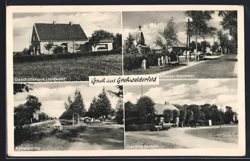 AK Grosswolderfeld, Gasthof Jacobs, Geschäftshaus Landwehr, Kanalpartie, Kriegerdenkmal