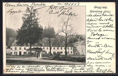 AK Altenberg /Rhld., Hotel Wasserfuhr mit Unterstand, Kirche u. Strasse