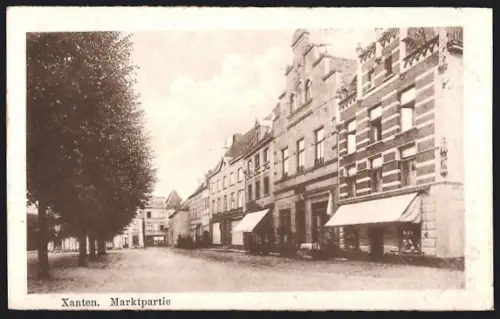 AK Xanten, Marktpartie mit Geschäften und Turmblick
