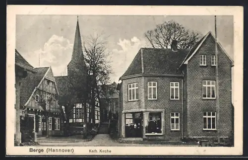 AK Berge /Hannover, Kath. Kirche, Ortspartie mit Kleidungsgeschäft
