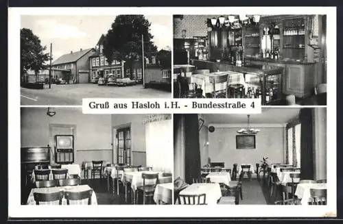 AK Hasloh i. H., Hotel-Restaurant / Shell-Station E. Schadendorf, Bundesstrasse 4, Ansicht mit Strasse, Innenansichten