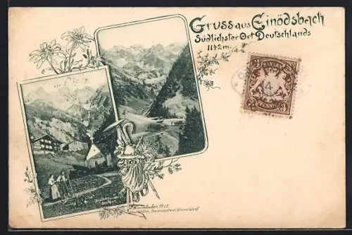 AK Einödsbach, Ortspartie mit Wanderern u. Kapelle, Ortsansicht mit Bergpanorama, Blumen, Wandergepäck