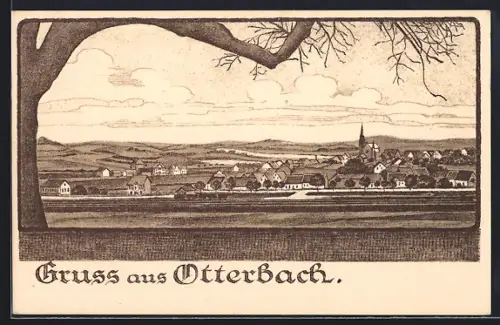 Künstler-AK Otterbach / Pfalz, Gesamtansicht mit Eisenbahn und Fernblick aus der Vogelschau