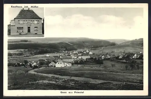 AK Primstal, Kaufhaus Joh. Müller, Gesamtansicht mit Fluss und Bergpanorama