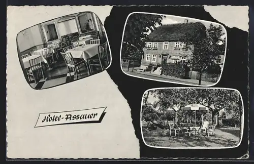 AK Medebach /Hochsauerland, Hotel-Assauer G. Petzuch, mit Speisesaal und Gartenpartie