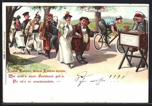 Lithographie Spaziergänger und Leierkastenmann, Radfahrer auf dem Weg nach Seckbach