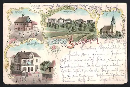 Lithographie Frankfurt-Seckbach, Gasthaus Restauration Konrad Pratz, Rathaus, Heimgarten