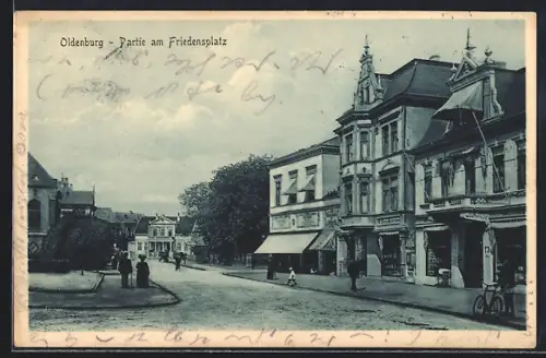 AK Oldenburg / O., Friedensplatz, Ortspartie mit Kirche, Abzweig, Strasse u. Geschäften