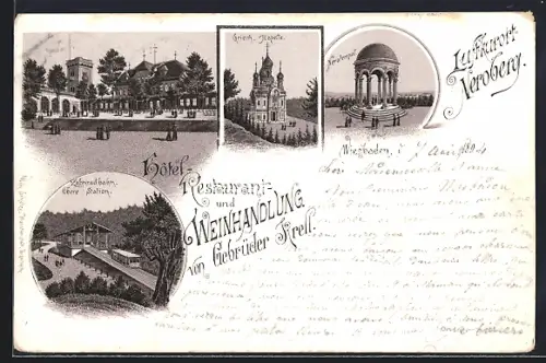 Lithographie Wiesbaden, Neroberg, Nerotempel, die griech. Kapelle, Obere Station der Zahnradbahn