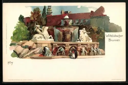 Künstler-Lithographie Heinrich Kley: Wittelsbacher Brunnen