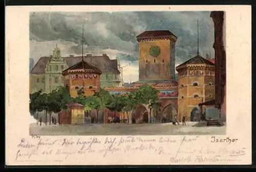 Künstler-Lithographie Heinrich Kley: München, Blick auf das Isarthor