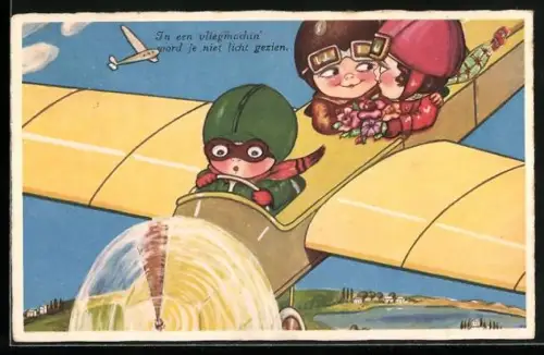 Künstler-AK Margret Boriss: Pärchen mit Blumenstrauss im Flugzeug