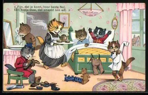 AK vermenschlichte Katzenkinder erhalten ihr Frühstück ans Bett gebracht, Spielzeug