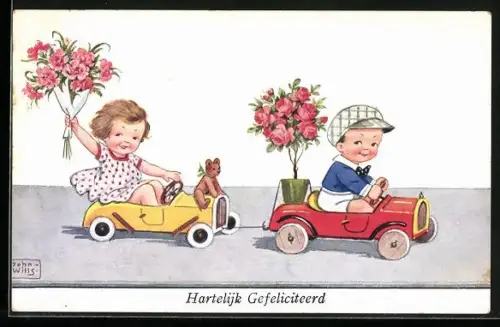 Künstler-AK John Wills: Kleine Gratulanten mit Rosen in Spielzeugautos