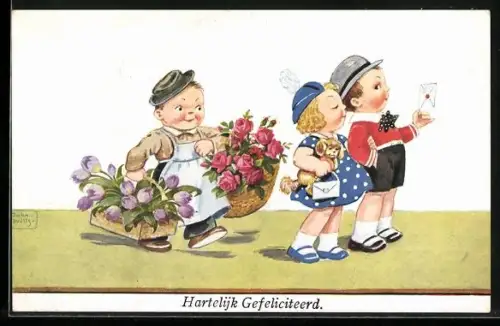 Künstler-AK John Wills: Blumenbote und kleine Gratulanten mit Schosshund und Brief