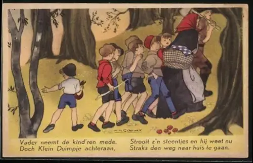 Künstler-AK Willy Schermele: Däumling, Klein Duimpje strooit steentjes om den weg te vinden, Märchen