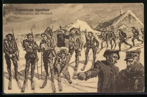 Künstler-AK Hohneck, Französische Alpenjäger, Ski-Patrouille mit Trompeter
