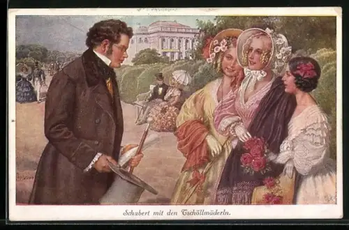 Künstler-AK H. Schubert: Franz Schubert mit den Tschöllmäderln, der Komponist begrüsst drei Damen im Park