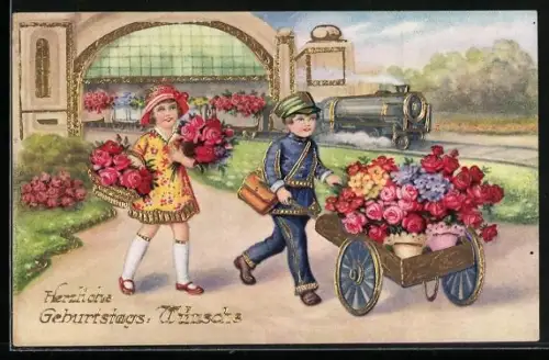 AK Kleine Gratulantin mit Blumengepäck und Page vor Bahnhofshalle mit Eisenbahn, Geburtstagsgruss