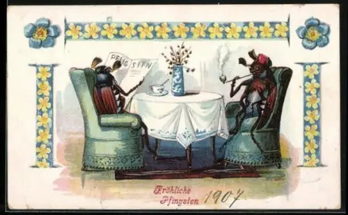 AK zwei Maikäfer an einem Tisch sitzend beim Rauchen und Zeitung lesen, Pfingstgrüsse