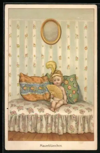 Künstler-AK Susan Beatrice Pearse: Mauerblümchen, Kleines Kind mit einem Fächer