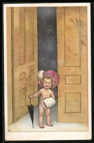 Künstler-AK sign. Susan Beatrice Pearse: Wenn es heute nur nicht regnet! Kind mit Hut & Schirm