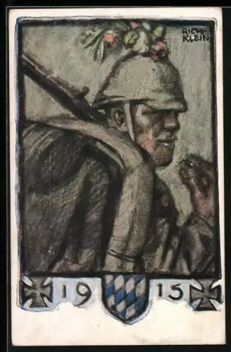 Künstler-AK Richard Klein: Soldat mit Pickelhaube und Gewehr, Bayerische Kriegsinvaliden-Fürsorge