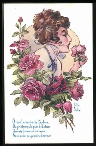 Künstler-AK sign. Little Pitche: Junge Dame mit Rosen