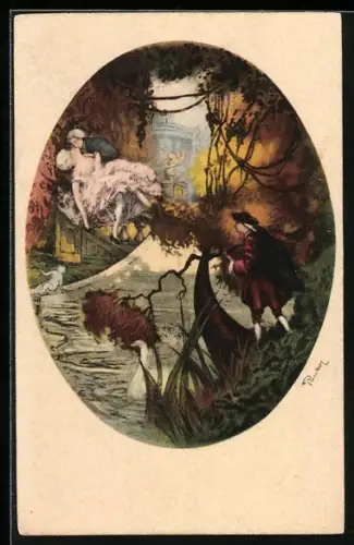 Künstler-AK Mann beobachtet Liebespaar, Barock, Rokoko, Art Deco
