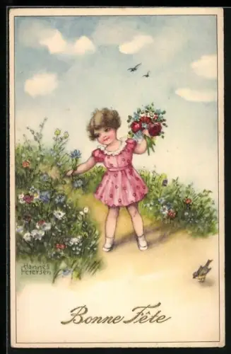 Künstler-AK Hannes Petersen: Mädchen pflückt Blumen am Wegesrand