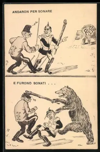 AK Andaron per Sonare - E Furono Sonati..., Russischer Bär verprügelt Wilhelm II. und Franz Josef