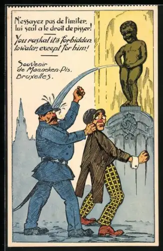 Künstler-AK N`essayez pas de l`imiter, lui seul a le droit de pisser!, Toilettenhumor