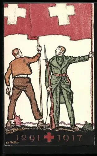 Künstler-AK Schweizer Bundesfeier 1917, Soldat und Bauer halten schweizer Fahne hoch